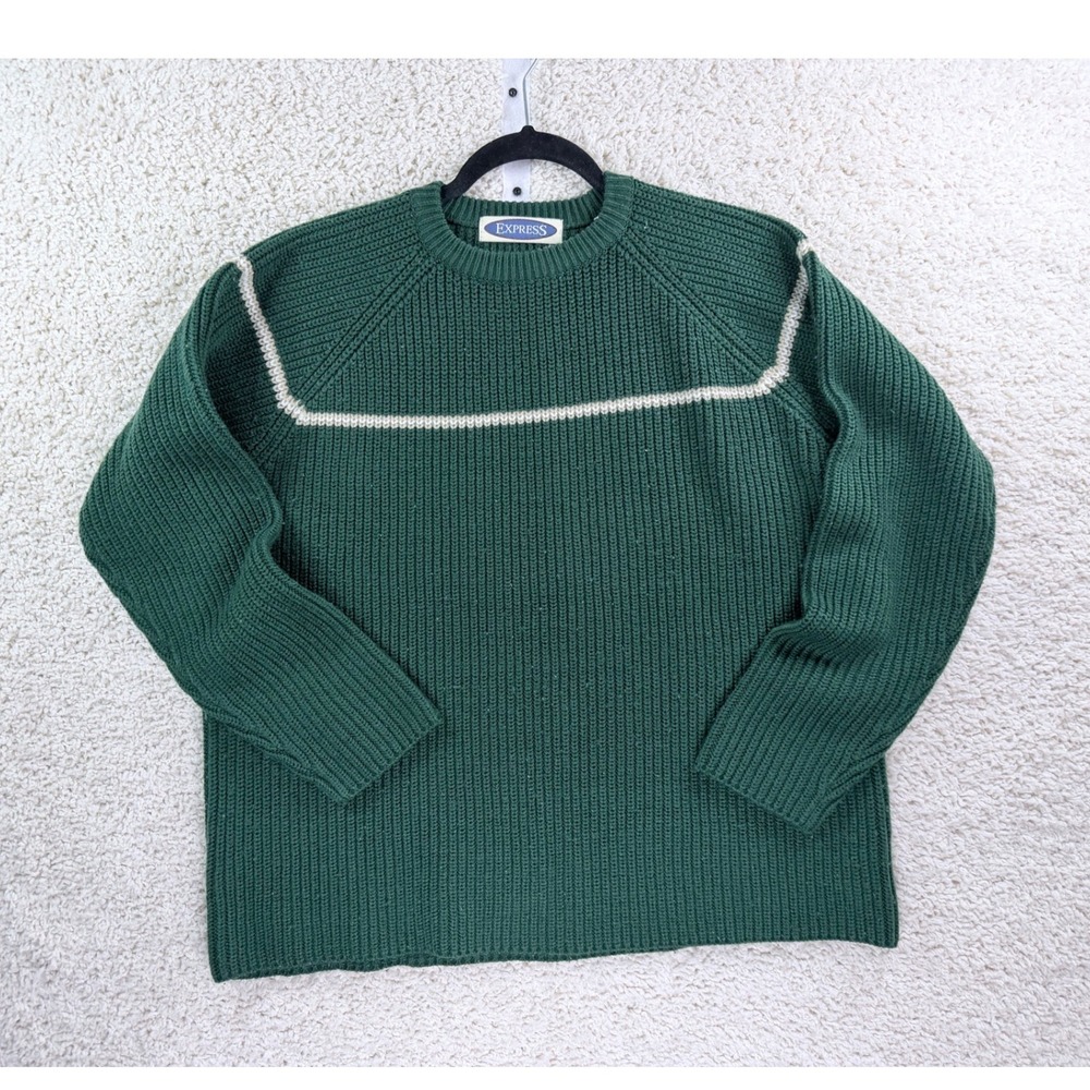 Express Sweater Mens XL Green Ribbed Knit Crewneck Stripe Vintage Style Pullover